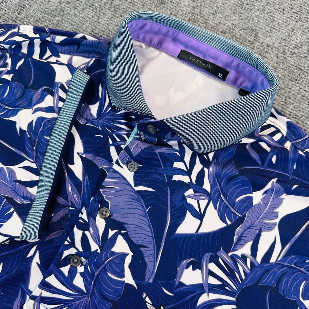 Greyson Men's XL Blue Purple Tropical Palm Leaf Butterfly Performance Golf Polo